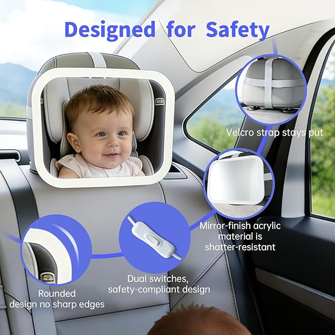 Baby Car Mirror with Remote Control Light, Shatterproof, 360° Adjustable Wide View with Night Vision, Easy Install for Rear Facing Infant Backseat