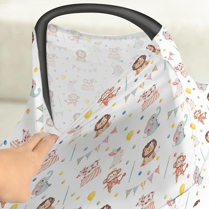 Cute Circus Animals Car Seat Cover for Babies Monkey Elephant Lion Rabbit Pig Stretchy 5-in-1 Cover Adjustable Car Canopy Breastfeeding Cover Colorful Zoo Animals Breathable Nursing Cover-Up