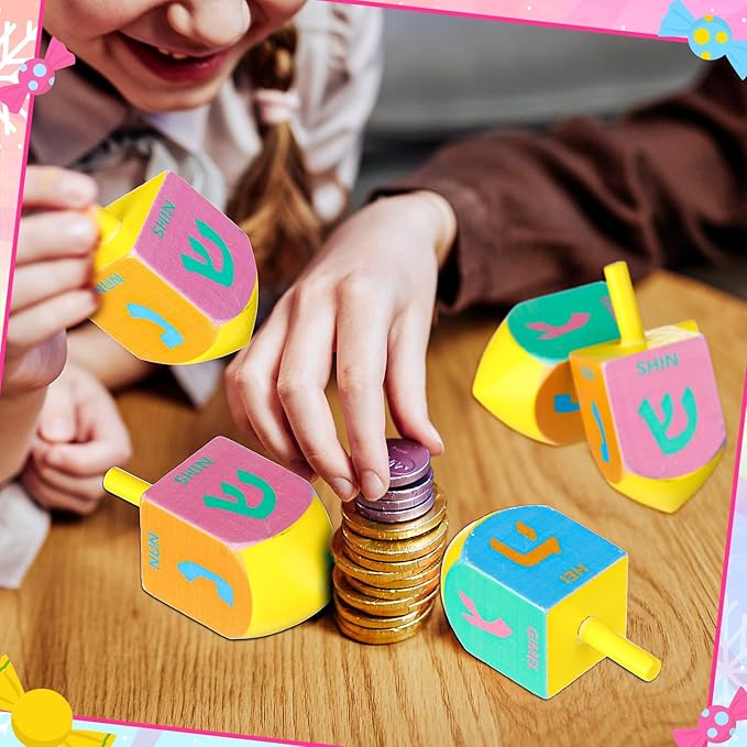 Wonderjune 2 Pcs Hanukkah Dreidels Extra Large Wooden Dreidel for Hanukkah Decoration with English Transliteration, Forever Spinning Tops Party Favors(Fresh)