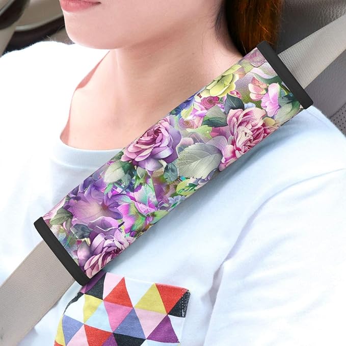 Watercolor Hydrangea Rose Flowers Print Seatbelt Pads Fits Cars Trucks SUV Sedans Sweat Absorption Car Seatbelt Strap Cover, Mother's Day Auto Interior Accessories Protector