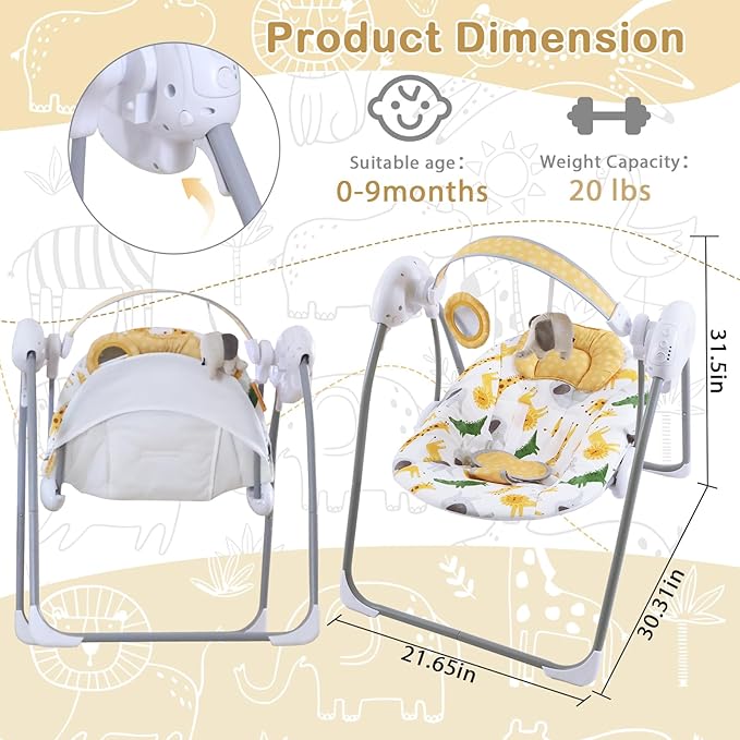 Baby Swing for Infant,Newborn Swing with Music,5 Speed Levels,Timing Setting,Soft Cushion,Foldable Infant Swing with Hanging Elephant Toy & Mirror for Indoor Outdoor Use 0-9 Months