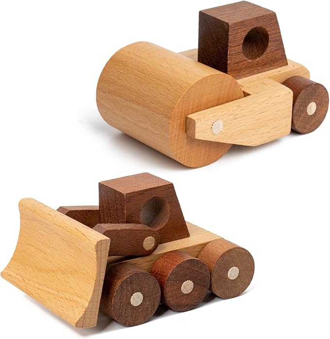 Wooden Toy Cars for 3 Year Old Boys & Girls - Construction Vehicles Set Push Toys for Toddlers, Wood Montessori Car with Rolling Wheels, Natural Wood Toys (Bulldozer & Road Roller)