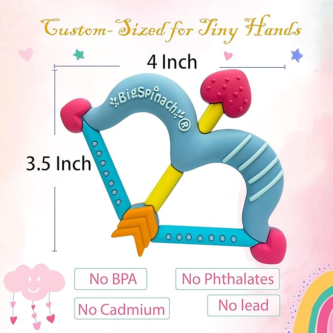 BIGSPINACH Teethers Heart Shape Silicone Baby Teether Toy Easy for Little Hands to Hold,Cupid Bow and Arrow Soft Teething Toy for Infants,Valentine's Gift for Girl or Boy (Blue)