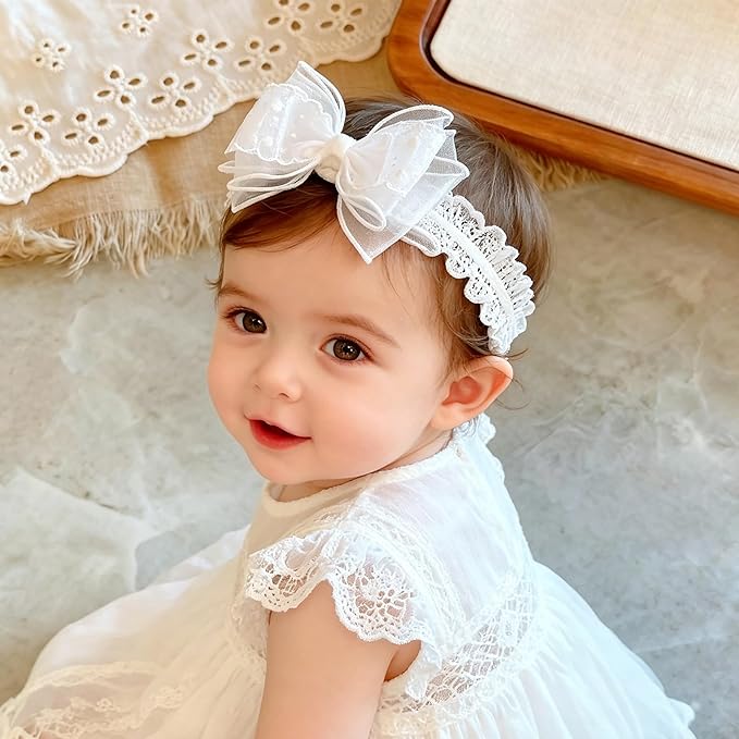 Handmade Baby Girl Headbands in Beige Baby Bows and Floral Lace Headband Bows for Newborns and Toddlers Cute Baby Girl Bows and Newborn Headband Bows