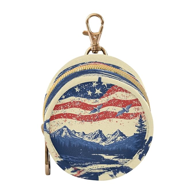 Pacifier Holder with Clip Pacifier Case for Diaper Bag Round Baby Pacifier Pouch Box Bag Portable July 4th Flags Mountains Blue