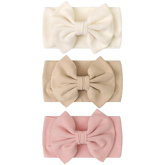 JOYOYO 3 Pcs Soft Wide-Knit Baby Headbands with Large Bow Hair Accessories for Newborn, Infant, Toddler, Kids（Beige Khaki Pink）