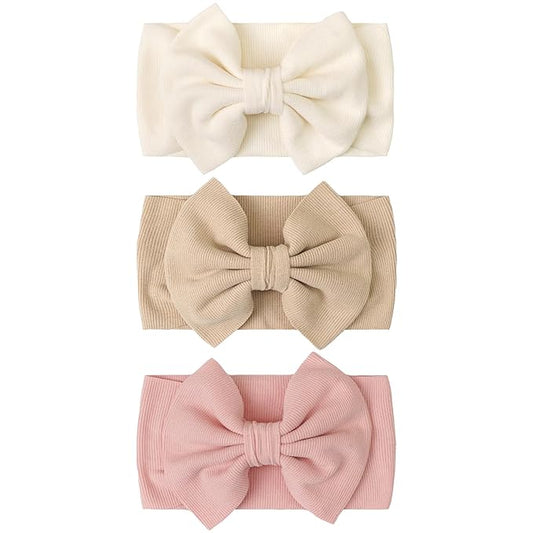 JOYOYO 3 Pcs Soft Wide-Knit Baby Headbands with Large Bow Hair Accessories for Newborn, Infant, Toddler, Kids（Beige Khaki Pink）