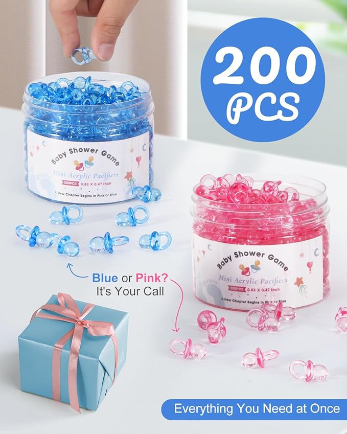 200PCS Mini Acrylic Pacifiers for Baby Shower Games, 0.83 Inch Clear Blue Pacifiers Bulk, Chupones para Gender Reveal Party Favors, Decorations & Craft Supplies