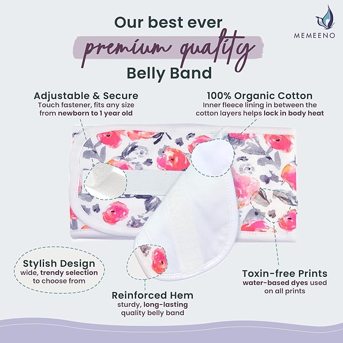 MEMEENO Baby Belly Band for Gas and Colic Relief - Heating Pad, Tummy Wrap for Infants and Newborns, Floral