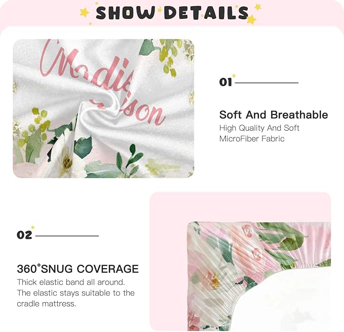 Personalized Pack 'n Play Sheets - Custom Baby Mini Crib Sheets for Girls, Fitted Sheet with Custom Name, Soft and Breathable Floral Rose Material