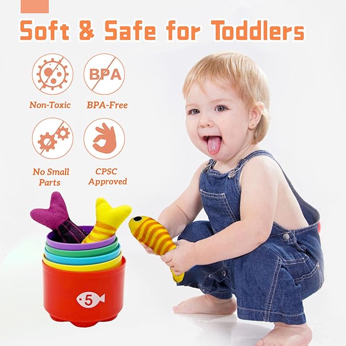 Montessori Toys for 1 Year Old, 22PCS Cloth Fishing Game with Stacking Cups Sensory Baby Toys 6-12 Months,Toddler Education Learning Toys for 1 2 Year Old Boy Girl Gifts (Fish)