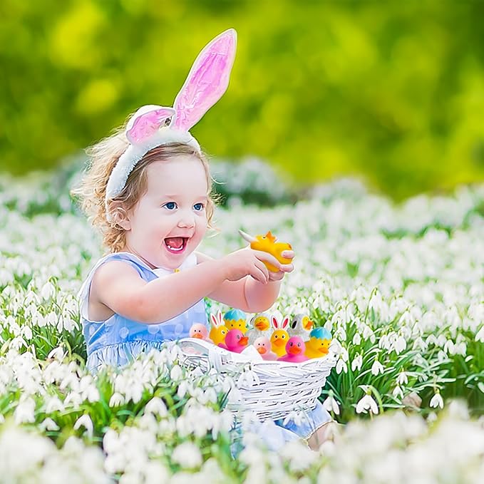 Haooryx Easter Rubber Duckies Toys - 20Pcs Novelty Yellow Rubber Duck Bunny Bathtub Toys Baby Shower Float Ducky Carnival Pinata Filler School Reward Easter Basket Stuffing Multi-Item Party Favor Pack