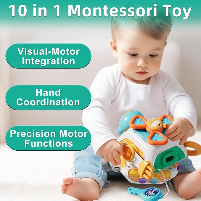Montessori Busy Board & Activity Cube, Sensory Travel Toys for Toddlers 1-3, Baby Toys 6-12-18 Months, Educational Learning Gifts for Boys & Girls (First Edition)