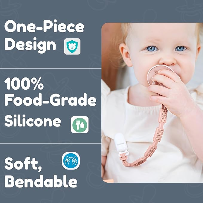 Silicone Pacifier Clip with 4 Teething Textures, One-Piece Patented Design, Dishwasher Safe, Secure Plastic Clip, Fits All Pacifiers, Baby’s Aid (Blush)