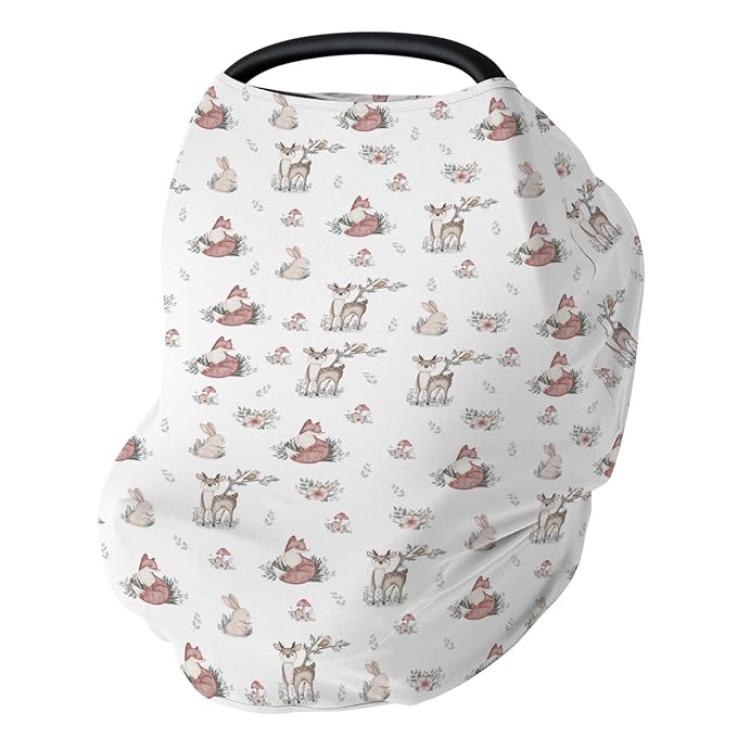 Neutral Boho Animal Baby Car Seat Covers Deer Rabbit Fox Floral Mushroom Stretchy 5-in-1 Cover Adjustable Infant Carseat Canopy Cover Baby Forest Animals Breathable Nursing Cover-Up