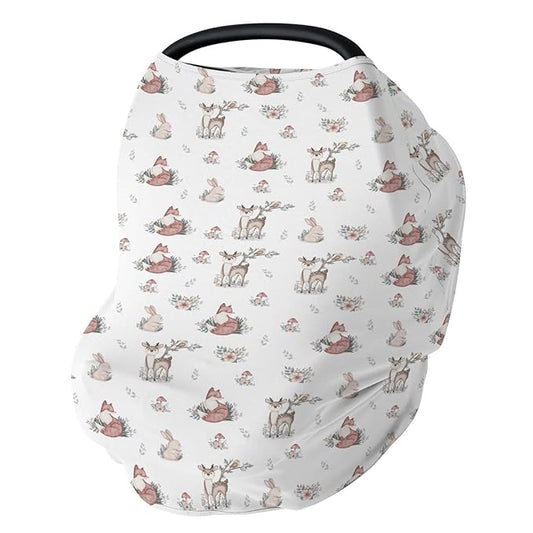 Neutral Boho Animal Baby Car Seat Covers Deer Rabbit Fox Floral Mushroom Stretchy 5-in-1 Cover Adjustable Infant Carseat Canopy Cover Baby Forest Animals Breathable Nursing Cover-Up