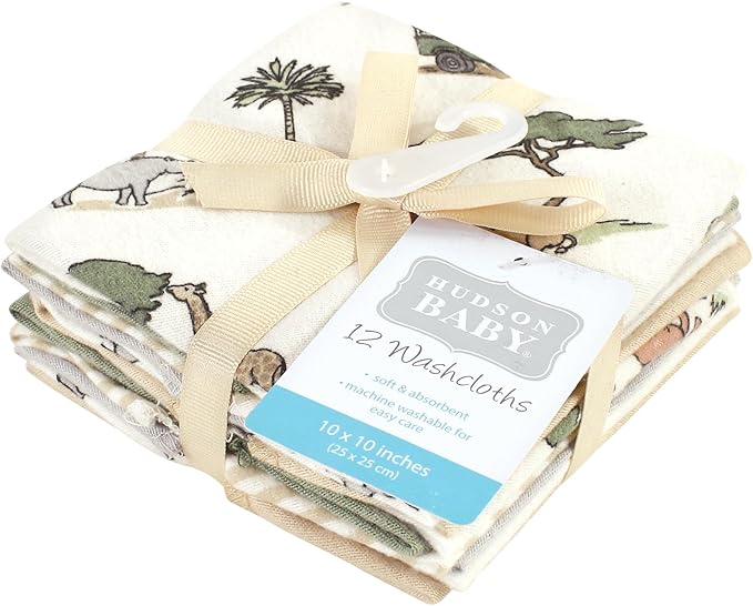 Hudson Baby Unisex Baby Flannel Washcloths, Going On Safari 12Pk, One Size