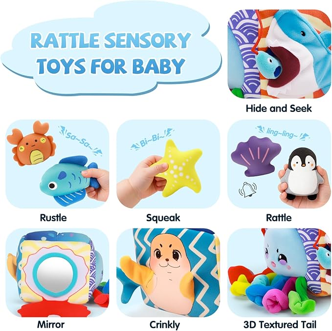 SAIMAND Baby Toys 6-12 Months–Mystery Soft Box with 5 Plush Marine Animals,Rattle,Crinkle Paper & Mirror–Montessori Sensory Toys for 6 Month Old Babies 1-3 Year Old Boy Girl Birthday