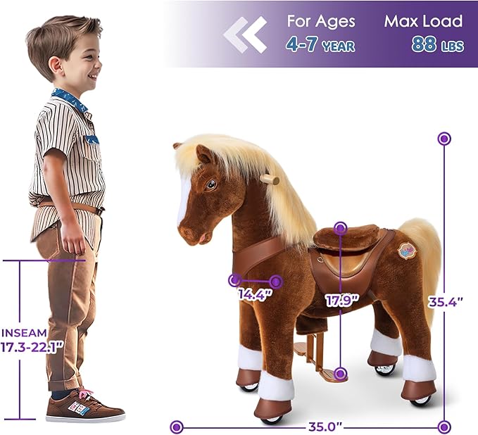 PonyCycle Horse Ride on Pony Advanced Model Y Plush Brown Riding Horse Toy for Children Size 4 for Ages 4-7, Rocking Horse, for Kids Plush Animal Pony Ride Y474