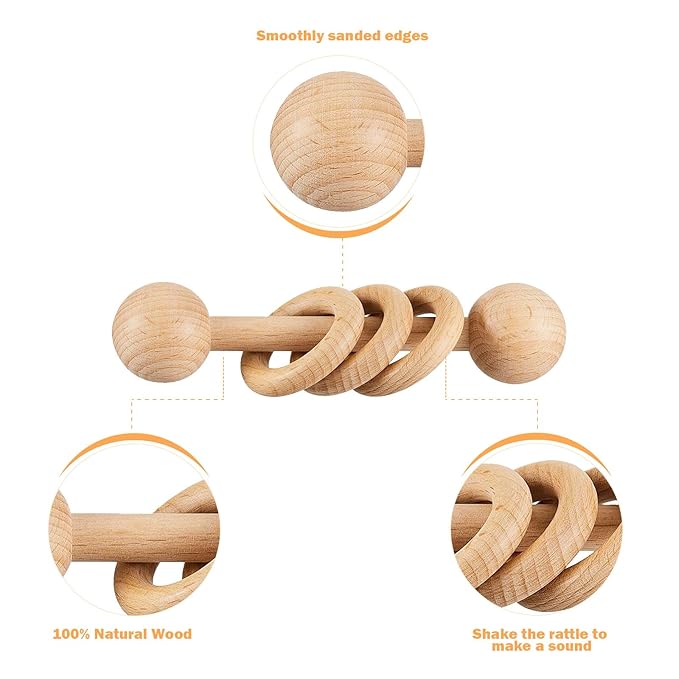 Chriswell Wooden Baby Rattle, Newborn Wooden Rattle Toy, Natural Wooden Montessori Baby Grip 3 Ring Toy, Baby Gift Toy, Wood Rattle-1