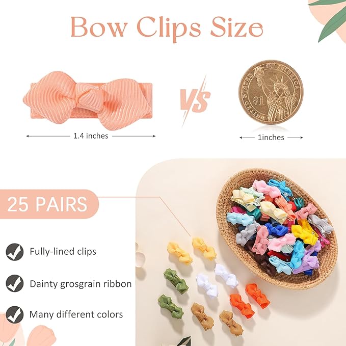 choicbaby 50pcs Baby Hair Bow Clips 1.4" Tiny Grosgrain Ribbon with Fully Lined Alligator Clips Small Toddler Bow Hair Accessories for Baby Girls Infant Toddler Kids