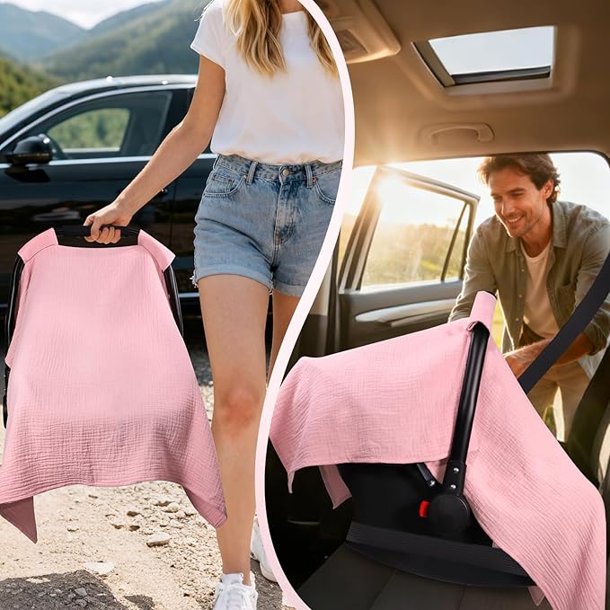 Carseat Covers Baby Girl, Soft Muslin Cotton Baby Car Seat Cover, Lightweight Breathable Infant Carseat Cover for Sunshade & Privacy, Car Seat Covers for Babies (Blush Pink)