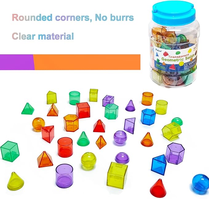 EXBEPE 3D Geometric Solids 60 Pcs for Kids Translucent Geometric Shapes for Geometry Beginnings,Light Table Manipulatives Toy Math Helper School Supplies
