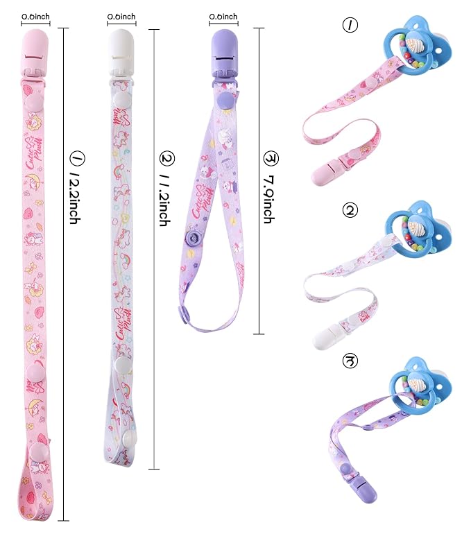 CutiePlusU Adult Size Pacifier Clips 3 Pack-Rabbits, Unicorns and Cats