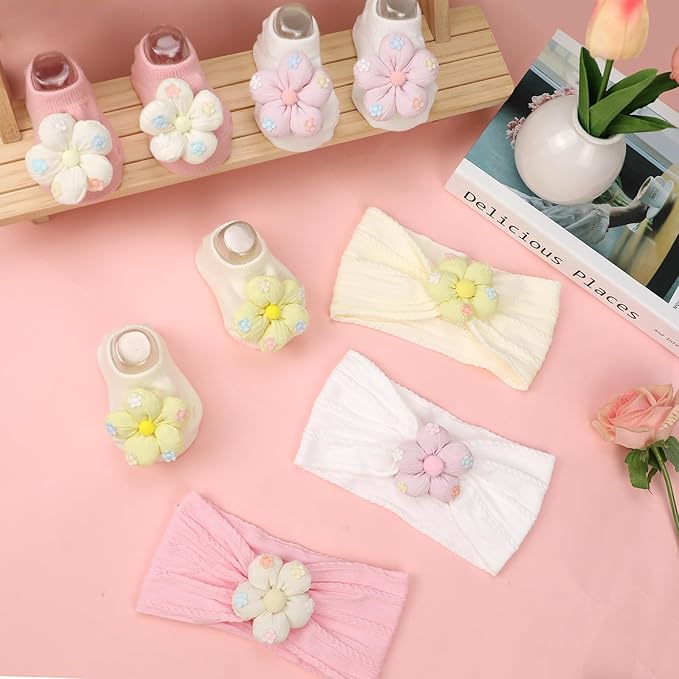 MIUXUESO Baby Girls Headbands and Socks Newborn Flower Hairbands Non-Slip Grips Socks Nylon Hair Accessories Infants and Toddlers (White, 6-12 Months)