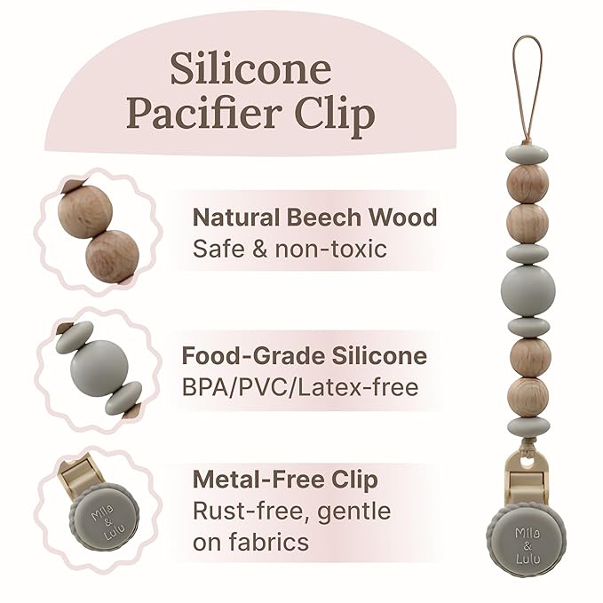 Silicone Pacifier Clip – Metal-Free, Rust-Free, 100% Food-Grade Silicone and Natural Beech Wood, Secure Pacifier Holder for Babies – Cloud - Mila & Lulu