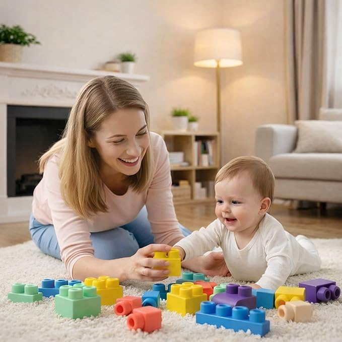 80PCS Baby Building Blocks Set with Storage Bucket, Blocks for Babies 6 Months and Up STEM Educational Toddler Gifts, Rubber Soft Blocks Big Building Blocks Sensory Stacking Toys