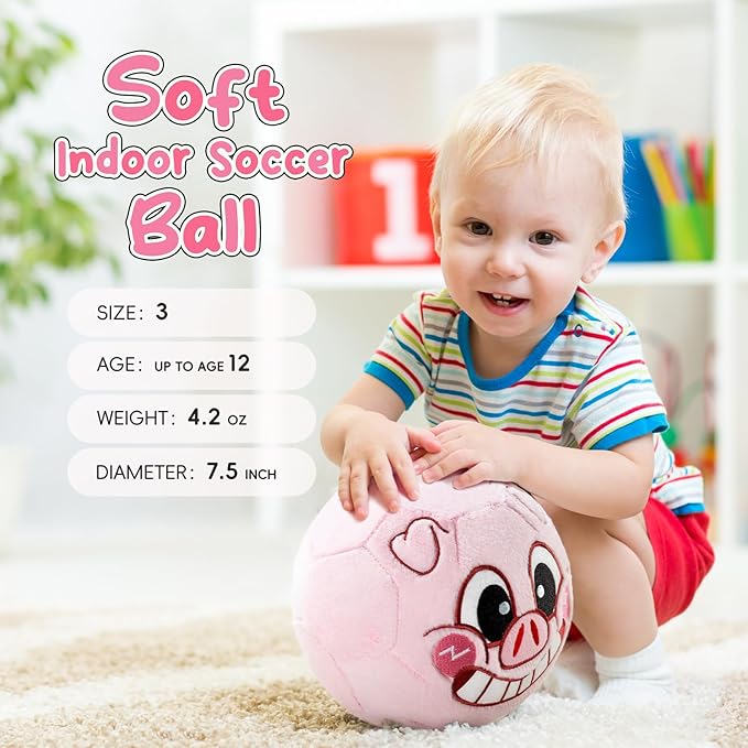 VangeBow Silent Indoor Soccer Balls for Toddlers 1-3, Inflatable Soft Plush Baby Toddler Soccer Ball Toys Gifts for 1 2 3 4 5 Year Old Boy Girl First Birthday Gift (Pink Piggy, Pump Include)
