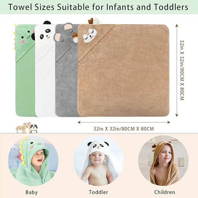 Hooded Baby Towel Set, 32x32 Inch Absorbent Bath Towels, 4 PCS Soft Hooded Towels, Perfect for Newborns, Toddlers, Babies, Essential Baby Bath Accessories (Green + Brown + White + Gray)