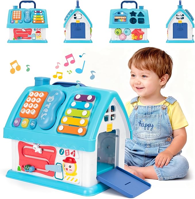 Montessori Toys for 1 Year Old, Baby Music Toys for 1 Year Old Girl Gift, 12-in-1 Musical House Toddler Learning Toy for 1 2 3 Ages, First Birthday Gifts for Girls and Boys, Educational Toy, (Blue)