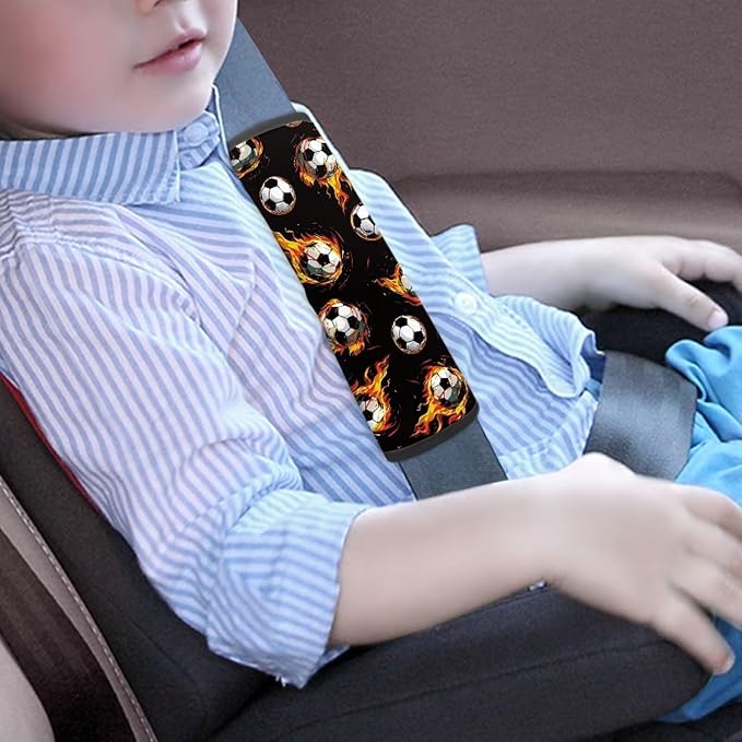 Biyejit Fire Soccer Car Seat Neck Cover, Car Seat Strap Cover, 2 Pack Seat Belt Cushions Pads, Shoulder Strap Protectors, Reversible Pram Harness Covers, Baby Neck Pad Protector