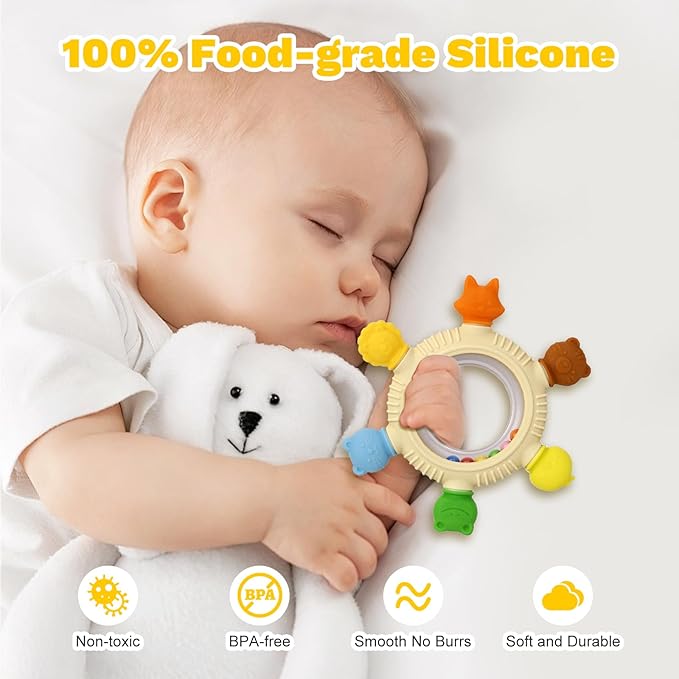 2 Pack Sensory Toys for Babies,Baby Teething Rings Toys for 0-6 6-12 Months Baby Rattle Teether Silicone Teether Relief Chew Soothing,BPA Free,Sore Gums Babys Teethers Toys