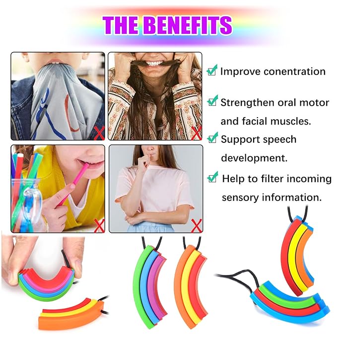 Chewy Necklace Sensory, Seeway Rainbow Bridge Chew Necklaces for Sensory Kids, Sore Gums Pain Relief, Silicone Chewy Oral Motor for Autism, Chewing, Anxiety, Biting Needs