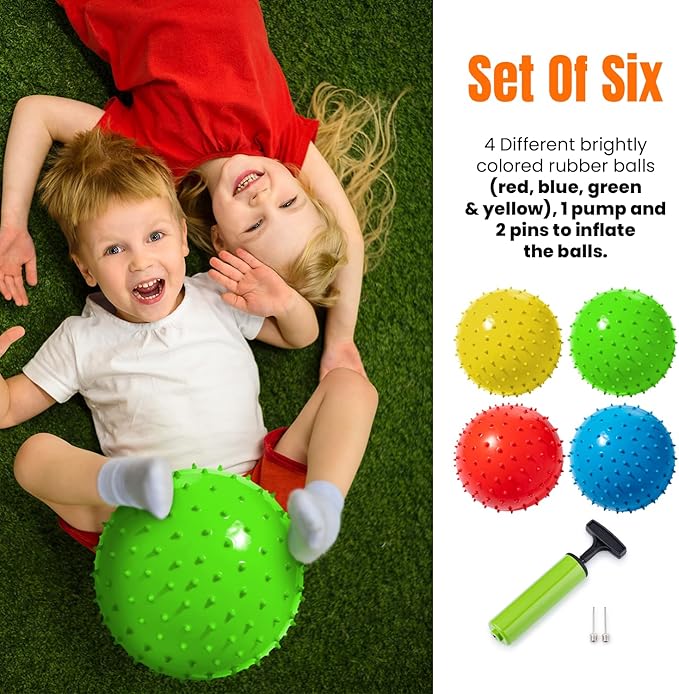 New Bounce Knobby Balls Set for Kids – Set of 4 Bumpy 8.5" Sensory Inflatable Balls with Pump – Textured Toys for Toddlers, Therapy, Outdoor Play, Party Favors & Dog Toys