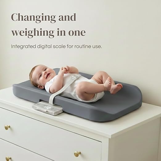 2-in-1 Baby Changing Pad with Integrated Scale, Contoured Wipe-Clean Foam, Non-Porous Waterproof Surface, Digital Baby Weighing Pad for Routine Changes, Safety Strap, Neutral Nursery Essential