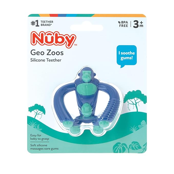 Nuby Geo Zoos Massaging Teether - Baby Teething Toy - Soft Easy Grip - 3+ Months - Blue Gorilla - Easter Basket Stuffer