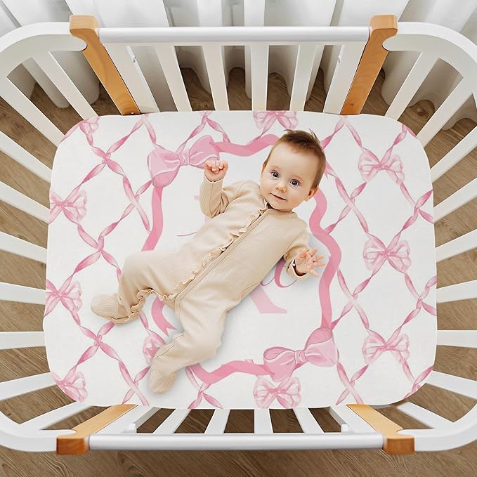 Personalized Mini Crib Sheets with Name, Custom Name Baby Pack and Play Sheets for Girls, Name Pack n Play, Customized Soft Fitted Sheet with Name (Pink Bow), 39x27x5 Inch