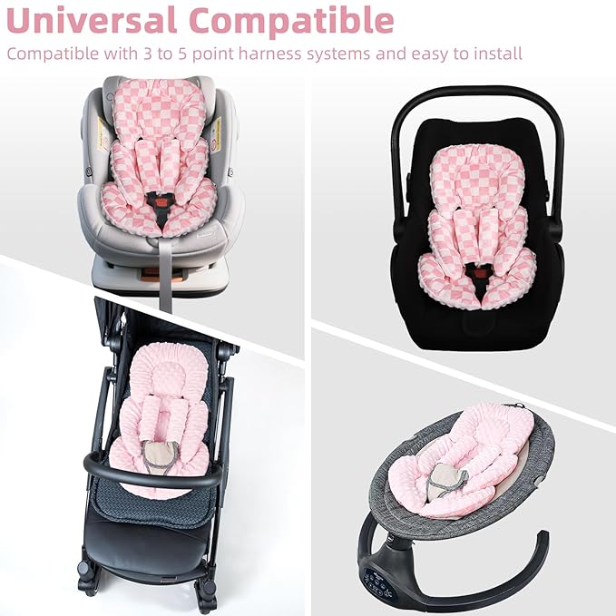 Infant Car Seat Insert Cushion, Baby Car Seat Head Body Support for Girls & Boys, Reversible Newborn Car Seat Insert with 2 Extra Strap Paddings, Premature Car Seat Cushion, Pink Checkerboard