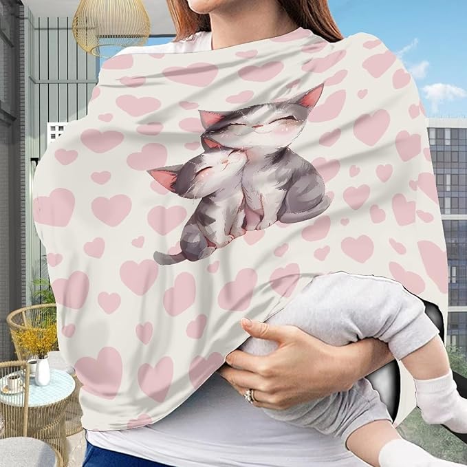 Biyejit Pink Heart Cats Car Seat Cover for Babies, Mom Nursing Covers Breastfeeding Scarf, Multi Use Infant Carseat Canopy for Newborn Carrier/Stroller/Shopping Cart, Baby Shower Gifts for Boy Girl