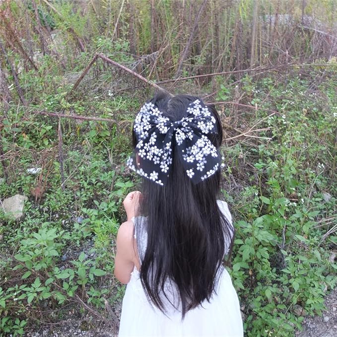 Large Tulle Bow Hair Clips for Baby Girls - Lace Hair Bow Women Cottagecore Lightweight Gauze Hair Barrettes Accessories (Black and White Gold Foil)