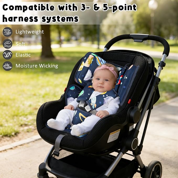 Infant Car Seat Insert with 2 Headrests for Doona|Graco, Thickened Baby Car Seat Cushion for Newborn, Car Seat Head Support Shoulder Covers Set Fits for Stroller, Baby Swing, Bouncer (Blue, Space)