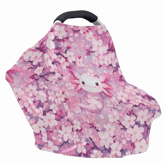 Biyejit Pink Flower Axolotl Seat Cover for Girls and Boys - Stretchy Carseat Canopy, Nursing Cover, Grocery Cart Cover, High Chair Cover