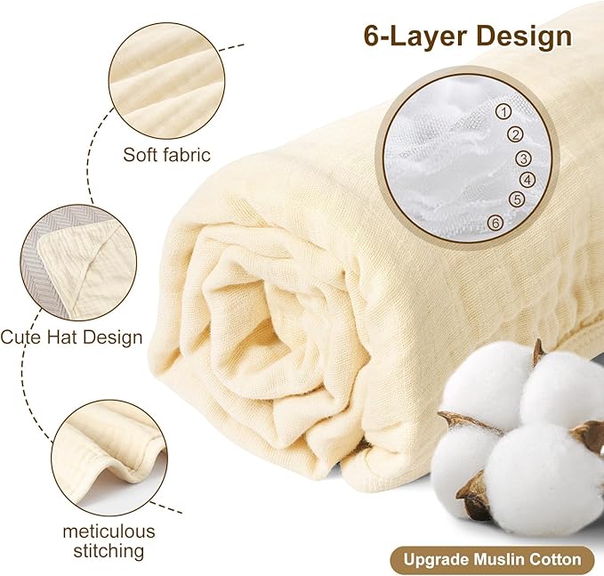 david's kids 2 Pack Hooded Baby Towels, 100% Muslin Cotton 6-Layer Ultra Soft Breathable Absorbent Baby Bath Towels for Infant and Toddler, Newborn Essentials, Large 32x32Inch, Beige & Brown