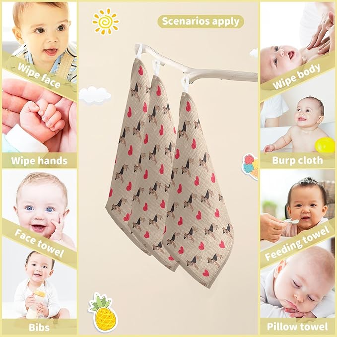 Dog German Shepherd Hearts Baby Washcloths Newborn Muslin Burp Cloths 3 Pack Soft Cotton Baby Face Bath Towel Drool Bibs for Infants, Girls and Boys 11.8 x 11.8 Inch