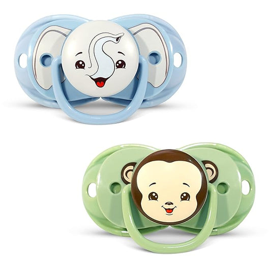 RaZbaby Keep-It-Kleen Baby Pacifier 2-Pack Closes When Dropped - BPA-Free Silicone Orthodontic Nipple, Ideal for Travel, Nipple Stays Clean, 0-36 Months - Monkey/Elephant Design