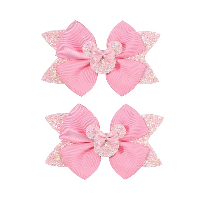 4.5 Inch Cute Mouse Ears Sequins Bows Hair Clips For Baby Girls, Toddler, Kids and Young Women Birthday Party Wedding Christmas Occasions Set of 2 (B- Pink)